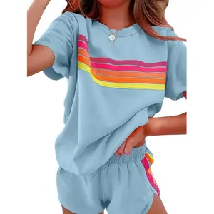 Rainbow Outdoor Color Contrast Two-Piece Set Women's Slim Crop T-Shirts & Shorts Set Solid Round Neck Rainbow Striped Casual Summer Wear