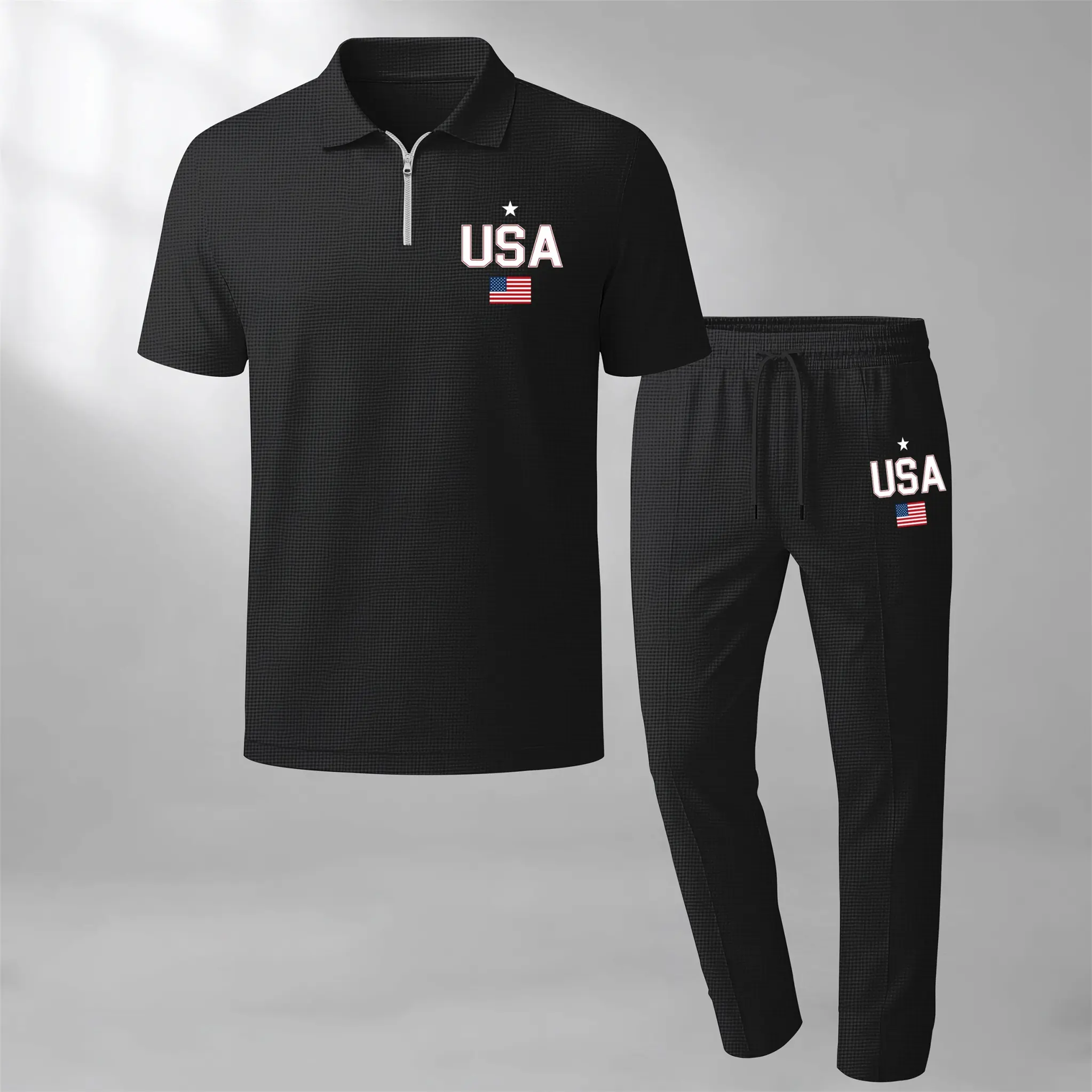 Men's Usa Letter Print Zip-Neck Short-Sleeved Polo Shirt And Trousers Two-Piece Set, Made Of Waffle Knit Fabric, Breathable And Comfortable, Soft Texture, Loose Fit, Suitable For Daily Casual Wear, Sports, And Street Style.