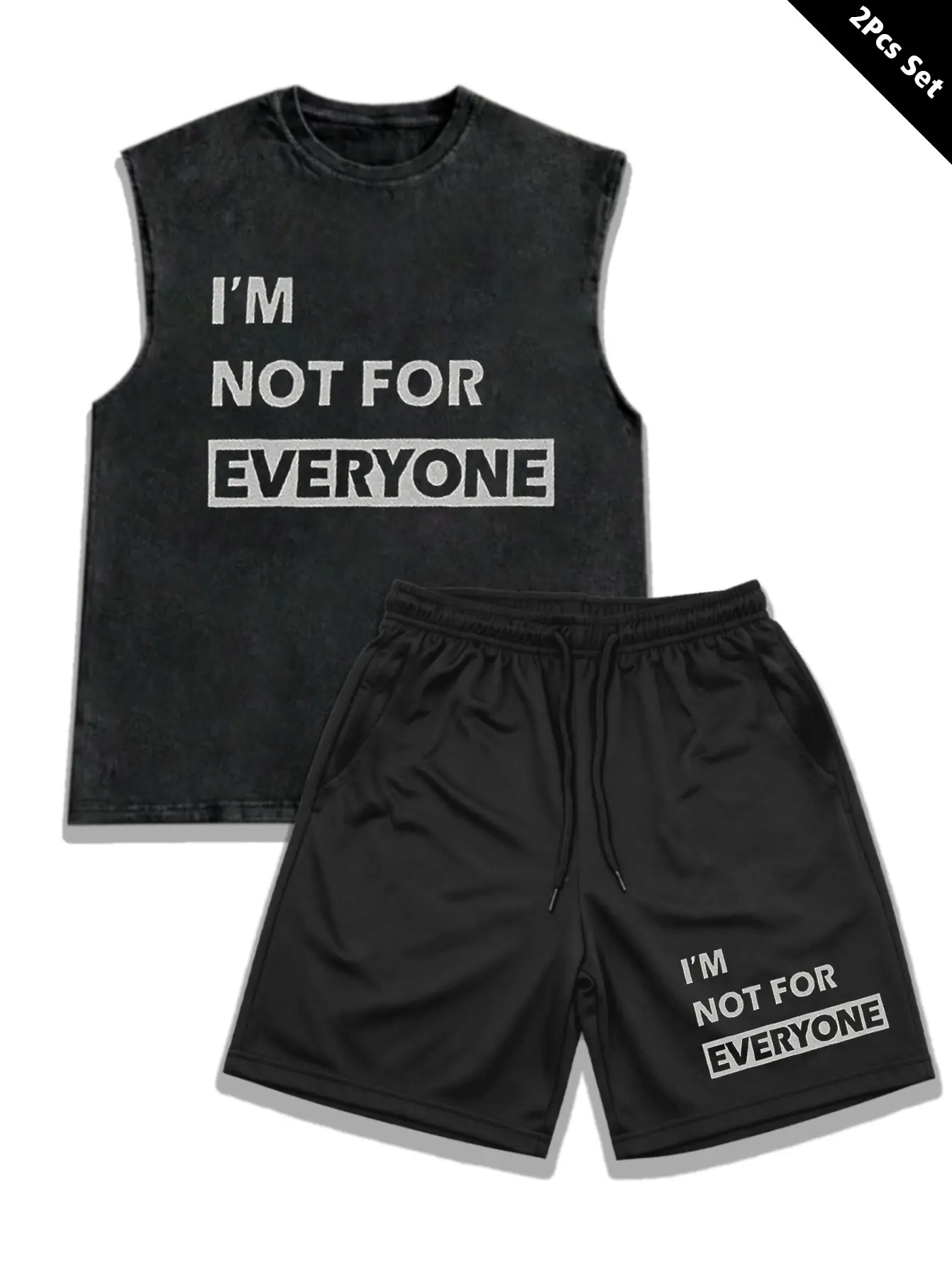 1 set: washed vintage sleeveless tank top paired with black athletic shorts, a two-piece outfit featuring an "I'M NOT FOR EVERYONE" street slogan print; Y2K summer outdoor sports and beach travel apparel.