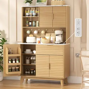 Vabches Kitchen Pantry Cabinet with 4 Charging Stations, Fluted Kitchen Hutch with Large Countertop, Drawers & Shelves for Living Room, Dining Room, Modern, Natural