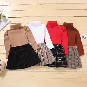 Girls Casual Two-piece Clothes Set, Solid Color Turtleneck Knitwear and Pleated Skirt, Khaki/ White/ Red/ Brown