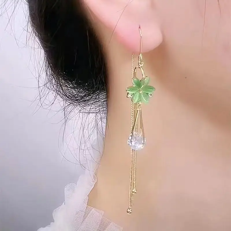 Green High-End Ear Thread Long Style Elegant Earrings for Women New Trendy Super Fairy Tassel Ear Jewelry