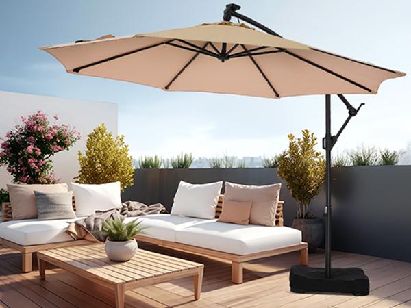 [10ft] Solar Lights Offset Cantilever Patio Umbrella - w/Light and Base, LED Lighted Offset Hanging Patio Outdoor Market Umbrella UPF50+ UV Protection with Easy Tilt and Crank