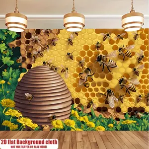 Bee Theme Backdrop Tapestry Wall Hanging Photography Background Honey Bee Floral Banner for Birthday Garden Party Baby Shower Home Room Decor Polyester Fabric