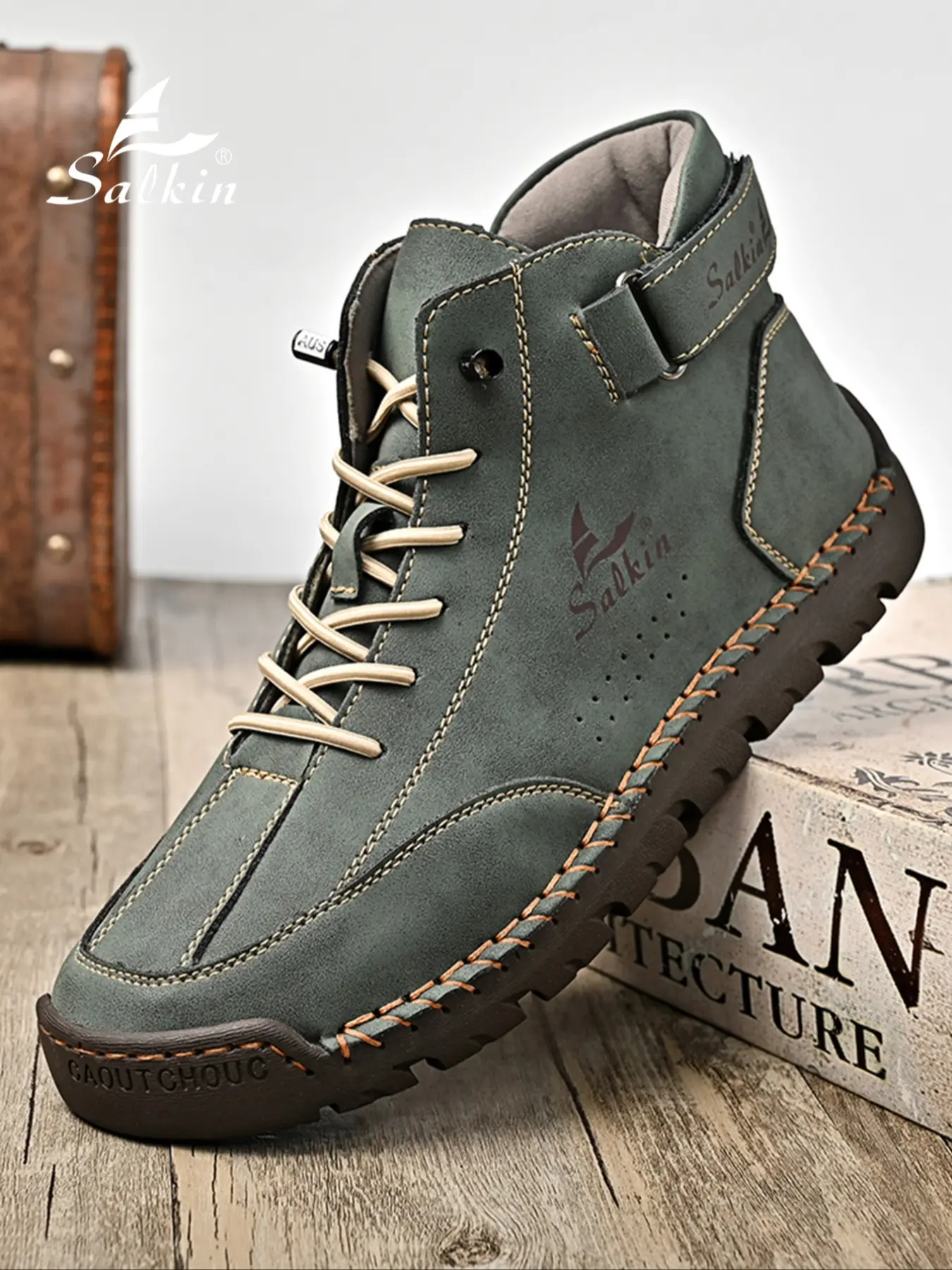 Handmade Men's Large Size Boots, Simple Color Velcro Ankle Boots, Mid-High Lace-Up Design, Durable Rubber Sole, Outdoor Casual Wear