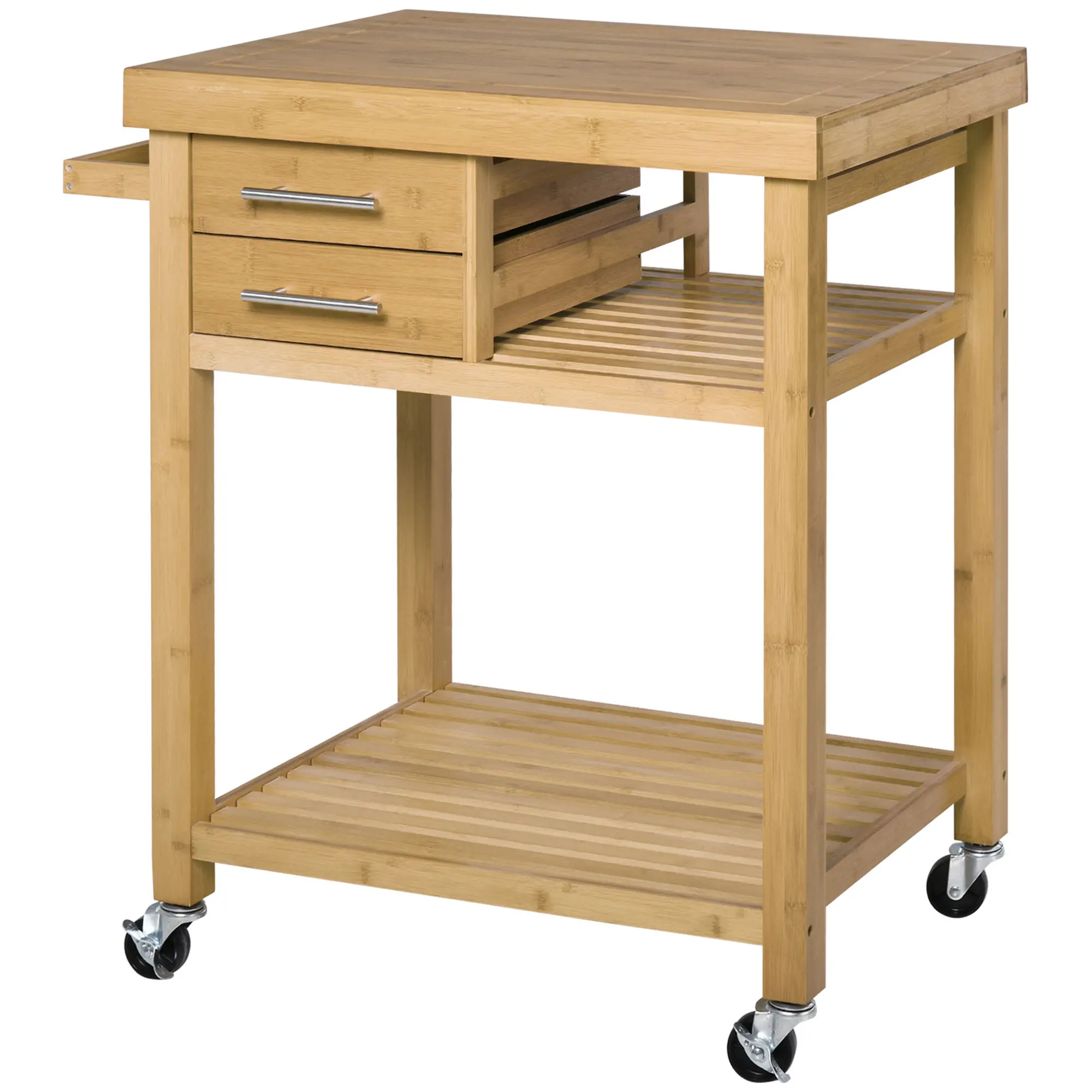HOMCOM Bamboo Kitchen Island Cart on Wheels, Utility Trolley Cart with 2 Storage Drawers and Open Shelves, Bamboo Tone
