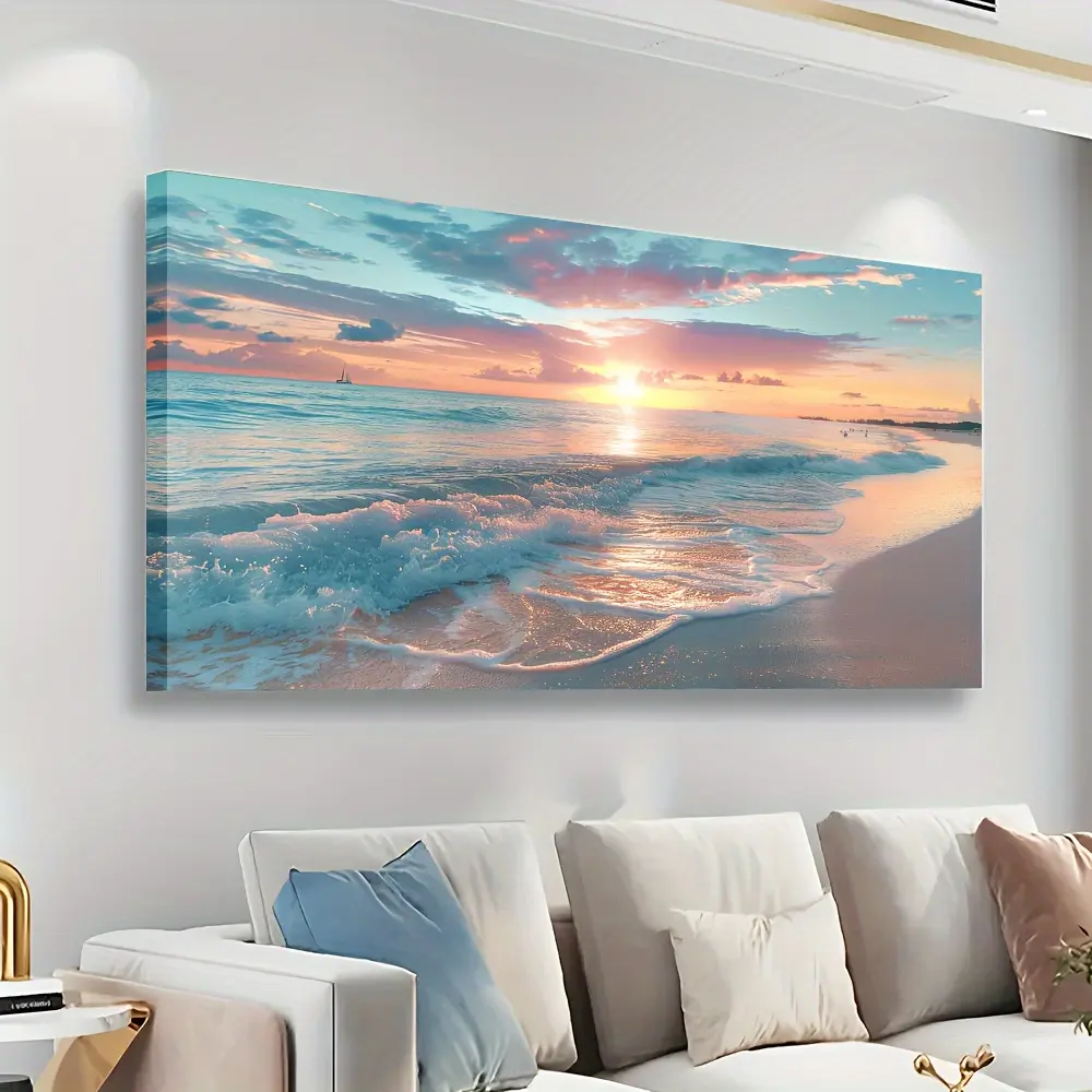 Coastal Sunrise Beach Canvas Wall Art Painting Print - Wooden Framed, Ready to Hang, Easy Installation, Home Decor for Living Room, Bedroom, Framed Wall Arts