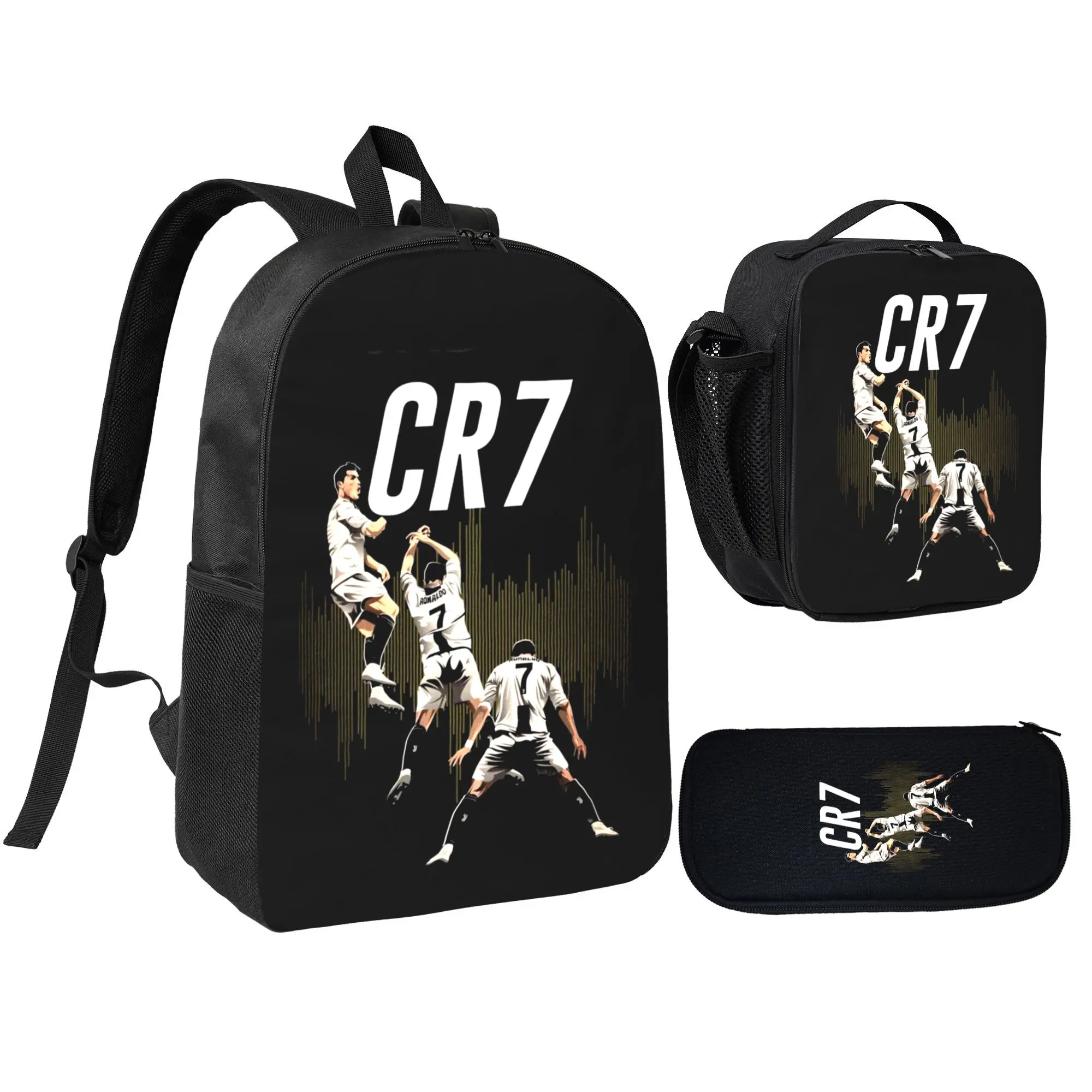 Football Star CR7 Backpack 3 In 1 Set Student School Backpack Insulated Lunch Box Stationery Pencil Case Fan Gift