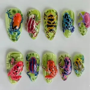 3D Frog Press On Nails Colorful Poison Dart Frog Art on Jungle Green Base