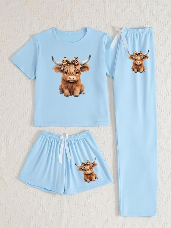 Cartoon Highland Cow Print Women's Pajama Sets, Casual All Seasons Nightwear, Fitted Knitted Fabric Sleepwear