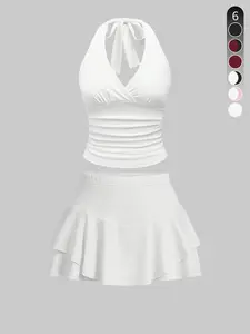 Two-piece Set Women's Solid Color Tie Shoulder Crop Top & Ruffle Trim Tennis Skirt, Casual Fashion Cozy Outfits for Daily Outdoor Wear, Ladies Clothes for Summer, Suits