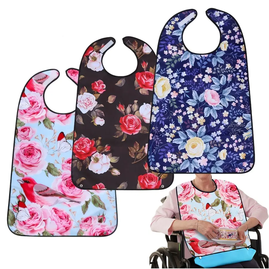 3 Pack Adult Bibs Washable Large Waterproof Clothing Protector with Eating Crumb Catcher for Women Men Elderly, Prints