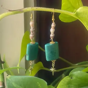 Boho Turquoise, Seashell & Gold Toned North Star Earrings
