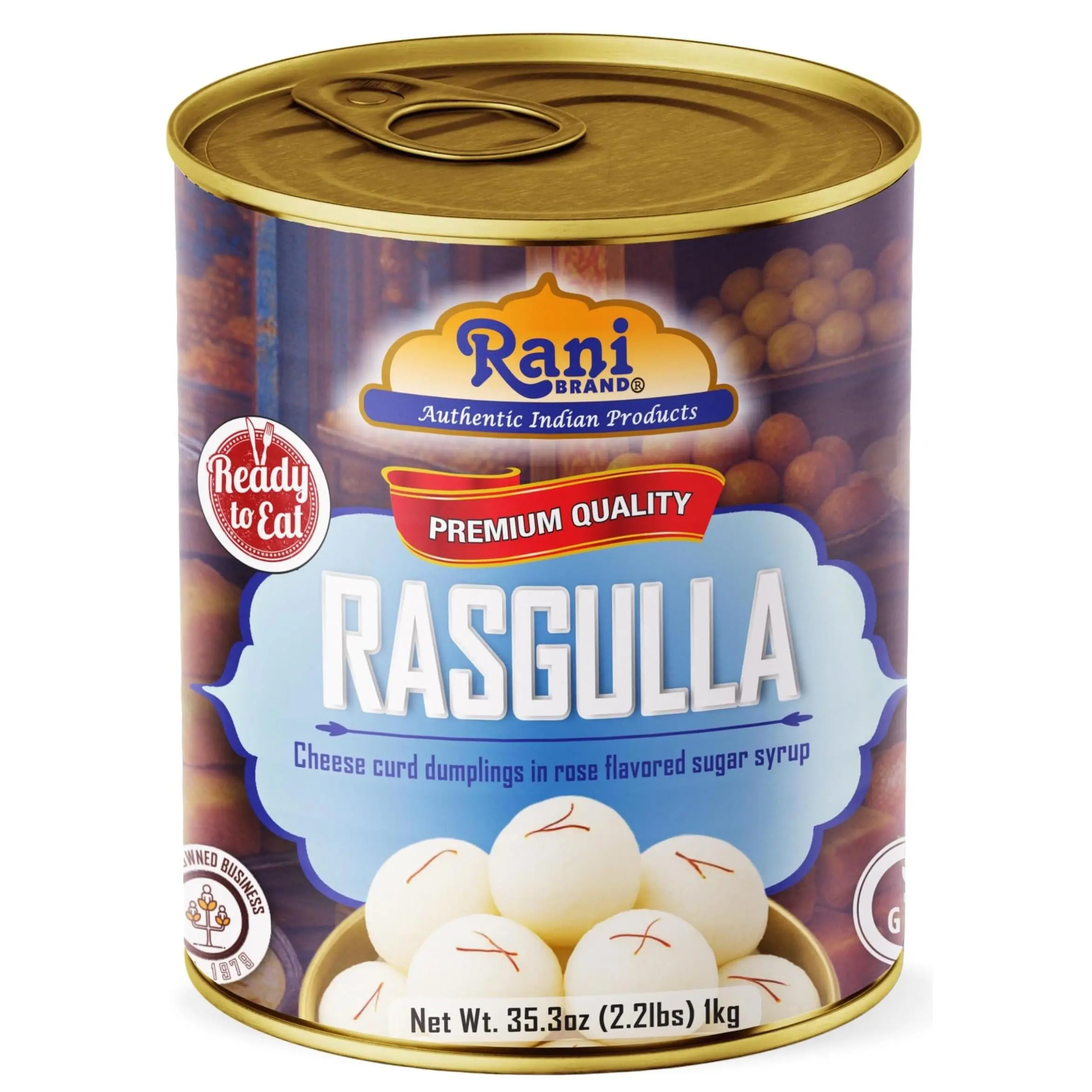 Rani Rasgulla (Cheese Curd Dumplings in Rose Flavor) 35.3oz (2.2lbs) 1kg, Approximately 14 pieces, Easy Open Lid ~ Ready to eat | Gluten Friendly | Vegan | Non-GMO | Kosher | Indian Origin