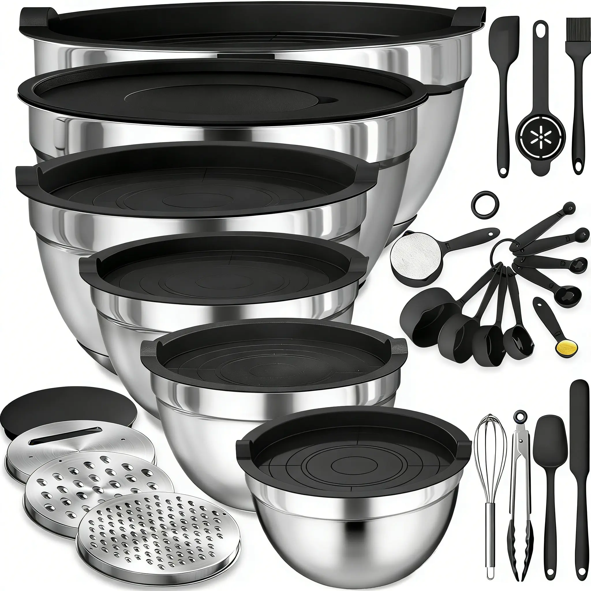 Nifogo 6-PCS Nesting Mixing Bowls Set Stainless Steel Bowls with Lids Baking Utensils Graters Whisk Stackable Food Prep Cooking Tools for Kitchen Tableware Durable Easy to Clean