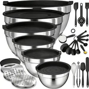 Nifogo 6-PCS Nesting Mixing Bowls Set Stainless Steel Bowls with Lids Baking Utensils Graters Whisk Stackable Food Prep Cooking Tools for Kitchen Tableware Durable Easy to Clean