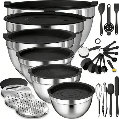 Nifogo 6-PCS Stainless Steel Nesting Metal Mixing Bowls Set with Lids, Baking Utensils, Graters, Whisk - Stackable Dishwasher Safe Kitchen Accessories for Camping Picnic Cooking, Food Prep, Easy to Clean Grating