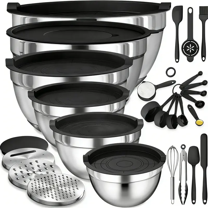 Nifogo 6-PCS Stainless Steel Nesting Metal Mixing Bowls Set with Lids, Baking Utensils, Graters, Whisk - Stackable Dishwasher Safe Kitchen Accessories for Camping Picnic Cooking, Food Prep, Easy to Clean Grating