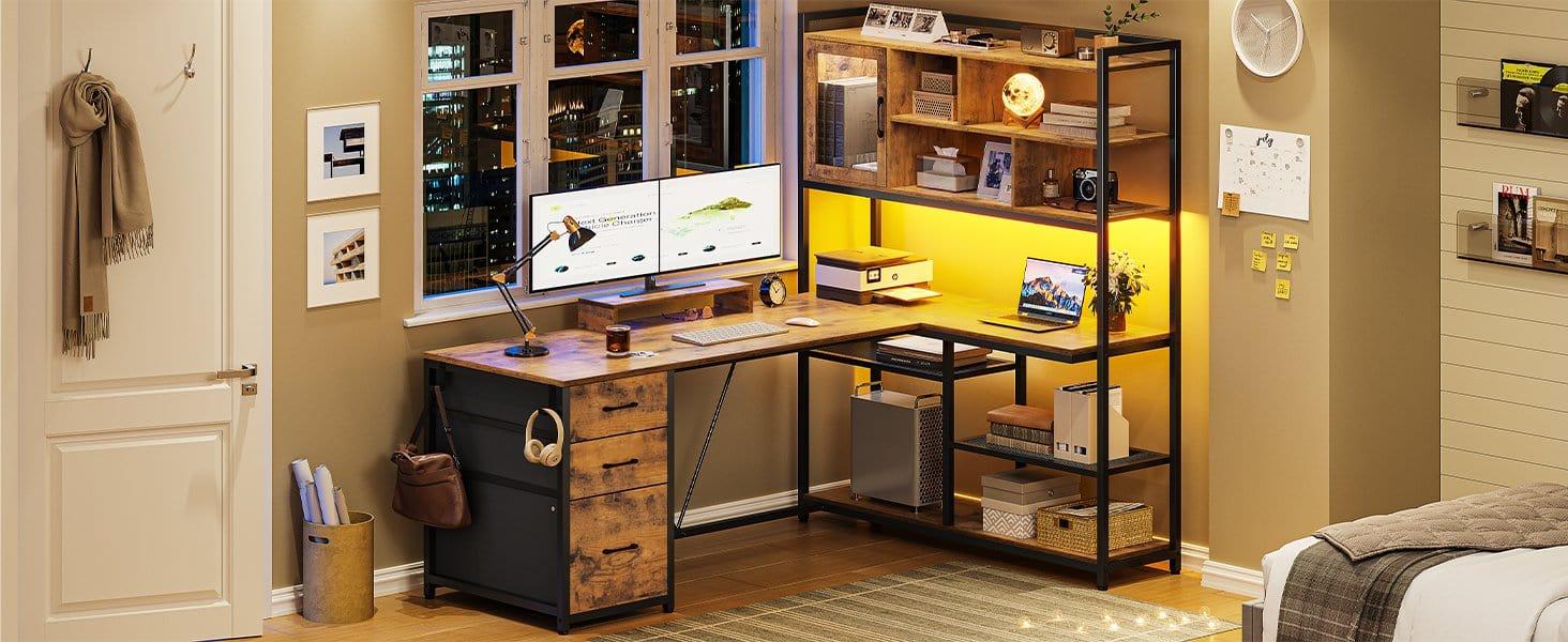 Sikaic 58 Inches L Shaped LED Gaming Desk Brown with 7 Tier Shelves, 1 Glass Cabinet & 3 Drawers, Reversible Design, RGB LED Light Strips, Modern Engineered Wood Sikaic 58 Inches L Shaped LED Gaming Desk Brown with 7 Tier Shelves, 1 Glass Cabinet & 3 Drawers, Reversible Design, RGB LED Light Strips, Modern Engineered Wood