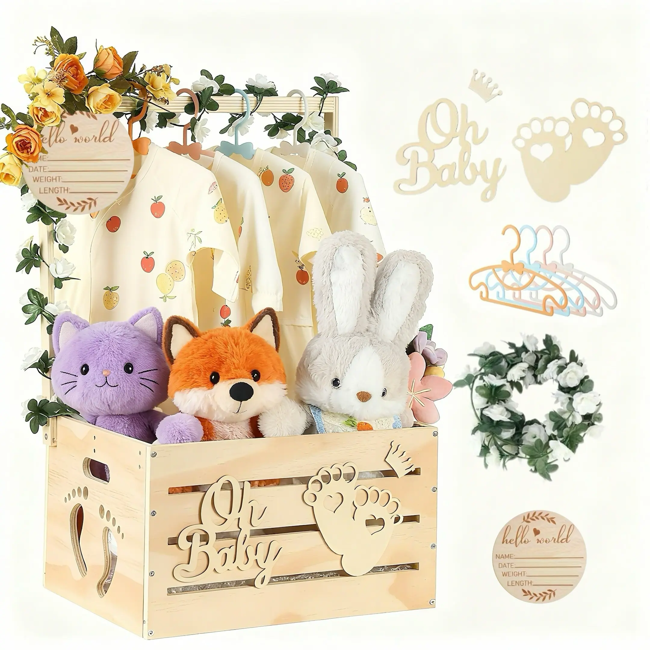 Wooden Baby Shower Crate Closet, Baby Shower Gifts Basket with 4 Handles, Oh Baby Sign & Artificial Garland, Decoration, Decorative Gift, Newborn Gift for Parents, Boxes, Baby Shower Decorations