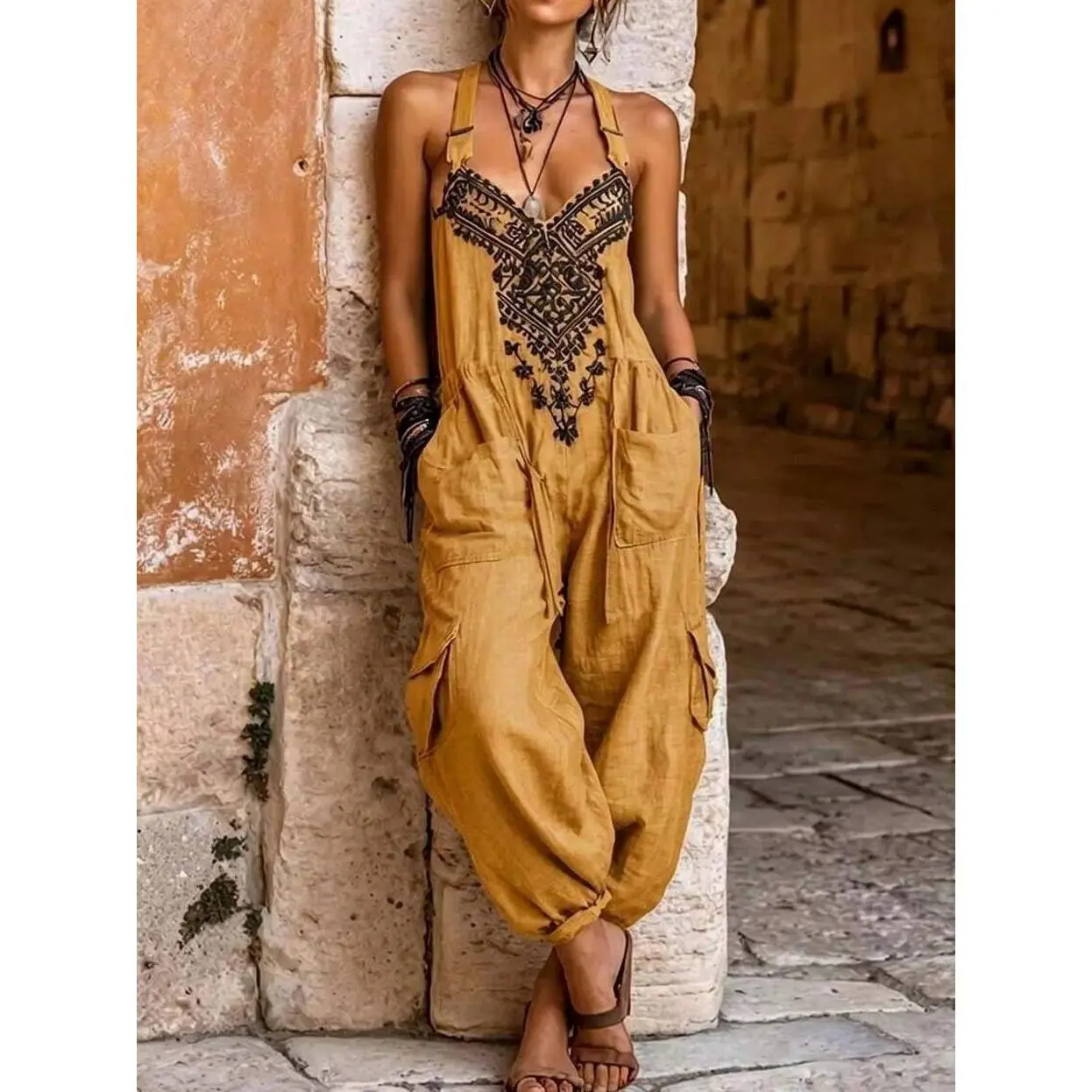 Women's Summer Embroidered V-Neck Sleeveless Jumpsuit, Boho Style Loose Cargo Overalls With Pockets For Vacation Casual, Resort Wear