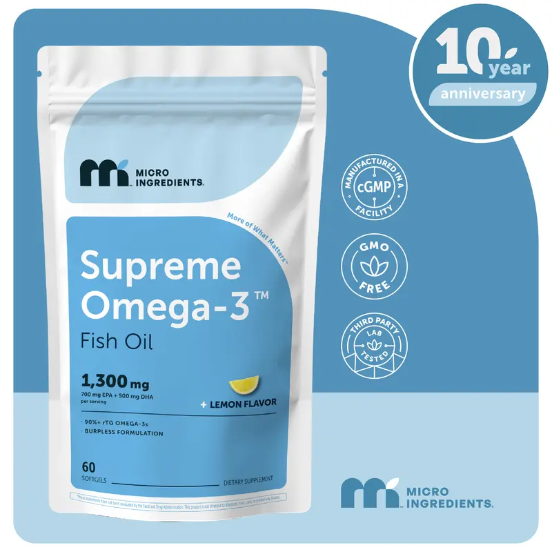 [Live Exclusive] Micro Ingredients Supreme Omega-3 Fish Oil w/Ultra High EPA & DHA, Burpless 60 Softgels | rTG Omega-3 with Vitamin D3 | Wild-Caught Cold Deep-Sea Water | Lemon Flavor, Easy to Swallow