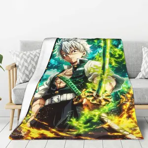 Demon Slayer Sanemi Shinazugawa Flannel Blanket - Striking Anime Art with Green Lightning Sword & Fiery Aura, Ultra-Soft Cozy Throw for Bedroom Living Room, Perfect Gift for Demon Slayer Devotees