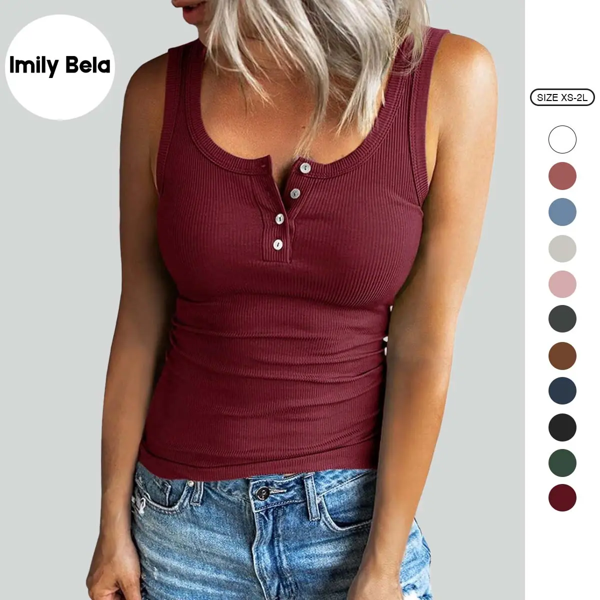 Imily Bela Women's Basic Breathable Fitted Henley Tank Tops - Scoop Neck, Ribbed, Slim-Fit Knit Camisole, Fashion Casual Sleeveless for Summer Wear, Fitted Tank Tops