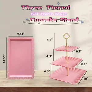5 Pcs Cupcake Stand Set - Pink Plastic Dessert Table Display Set, 2x Pink Square 3 Tier Cupcake Display Stands Cookie Tray Rack Serving Tower & 3x 14 in Plastic Trays for Wedding Baby Shower Tea Party Decor Ornaments