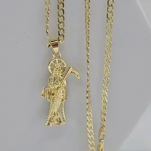 LA SANTA MUERTE Cuban link style necklace gold-plated clear stones THE GRIM REAPER