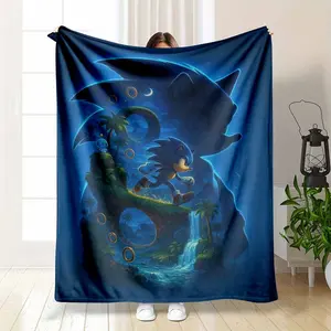 Blue Hedgehog Fantasy Flannel Blanket Neon Night Adventure Island Ring Print Soft Cozy Lightweight Warm Throw for Sofa Bed Gaming Room Dorm Travel Camp Gift