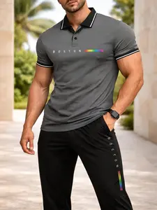 Men's Boston Print Polo Tracksuit 2-Piece - Grey Short Sleeve Polo Shirt & Black Pants Set, Casual Streetwear tiktokshopspringglowup
