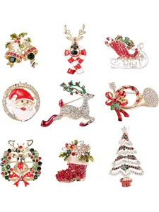 9 Pcs Christmas Pin Set with Strass Crystals, Cute Santa Claus Christmas Tree Reindeer Pine Holiday Accessories for Family