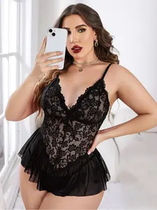 Lace Halter Vest Dress, Sleeveless Elegant Lace Bodysuit, Sexy Women's Underwear, Lingerie, Sleepwear, Lace Trim Nightgown, Ladies Pajamas, Womenswear, Wearable Outdoors