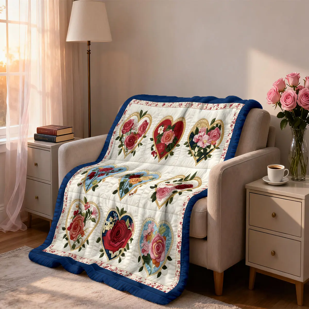 1 retro embroidered love rose with blue border decorative elements flannel throw blanket is comfortable and warm. Suitable for bedroom sofa camping and other occasions Valentine's Day gifts