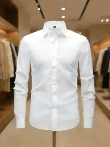 Men's Casual Fitted Thin Woven Fabric Plain Long Sleeve Shirt, Perfect for All Seasons, Ideal for Commuting & Home Wear, Tops