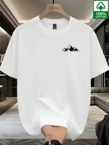 Men's 100% Cotton Minimalist Mountain Graphic Tee, Oversized Outdoor Hiking Streetwear T-Shirt, Slim-Fitting Long Top, All Seasons