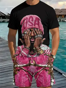 Black fan hip-hop character printed men's Fitted 3D digital printed two-piece set, Top, 2Pcs, trendy and fashionable set, trendy retro casual two-piece set, vacation-style trendy outfit, breathable sports and casual style, a perfect holiday gift for men