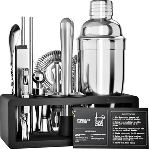 Mixology Bartender Kit with Stand - 15 count Bar Tool Set,  Bar Set  Shaker Set for Drink Mixing - Includes Martini Shaker, Jigger, Strainer, Bar Mixer Spoon, Tongs, Opener |  Idea