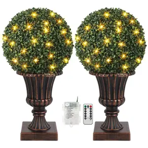 Garvee 16" Artificial Topiary Ball with Lights, Timer & Remote Control, Pre - Lit Outdoor/Indoor Plant with Red Urn Base