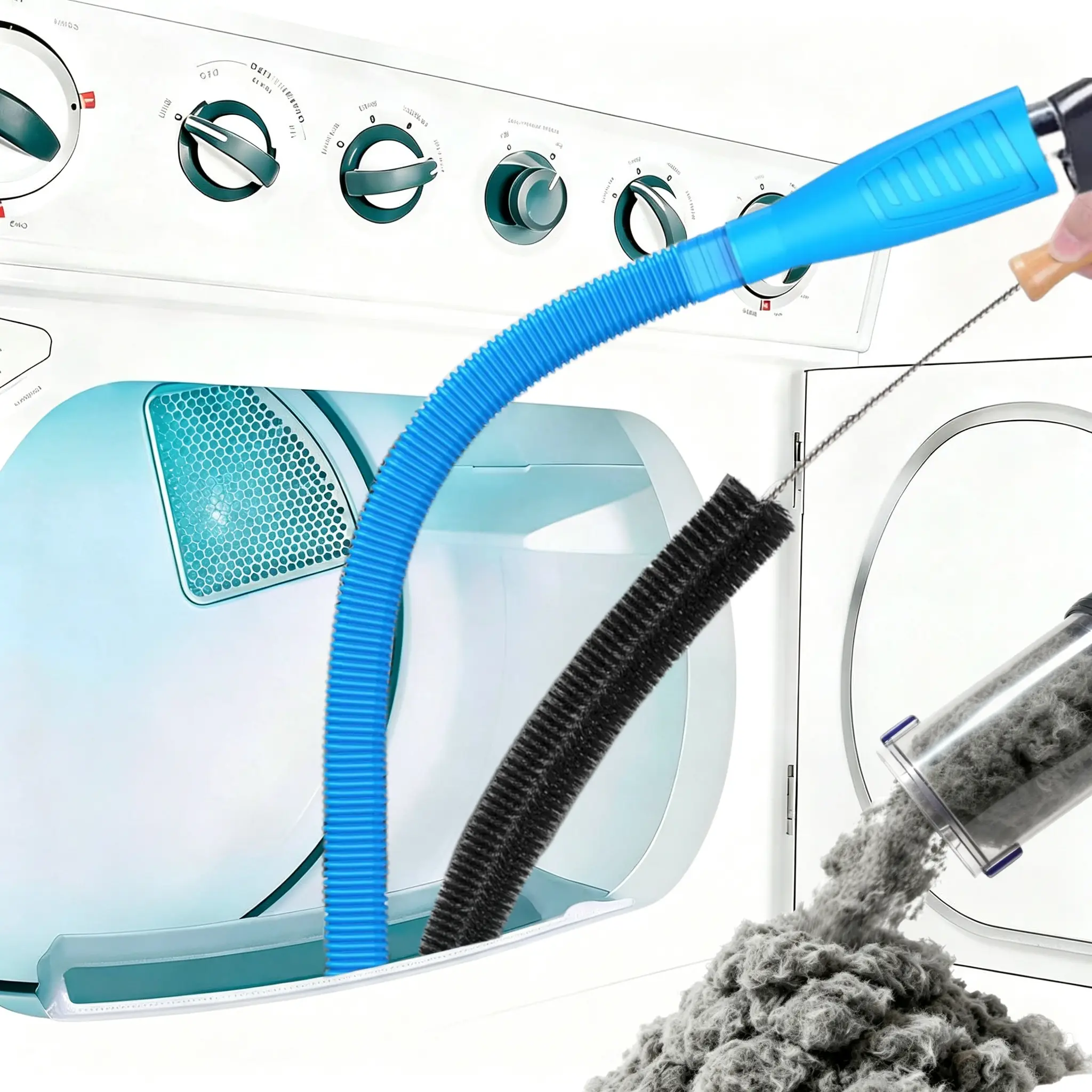 2-Piece Dryer Vent Cleaner Kit - Flexible Lint Brush, Vacuum Hose Attachment, Power Remover, Refrigerator Coil Brush for Lint Removal, Two Piece Set