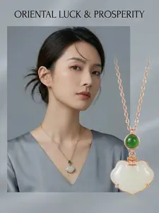 Women's Natural Hetian Jade Pendant Necklace, Silver Color Chain Material, Asian Style Jewelry Gift for All Seasons
