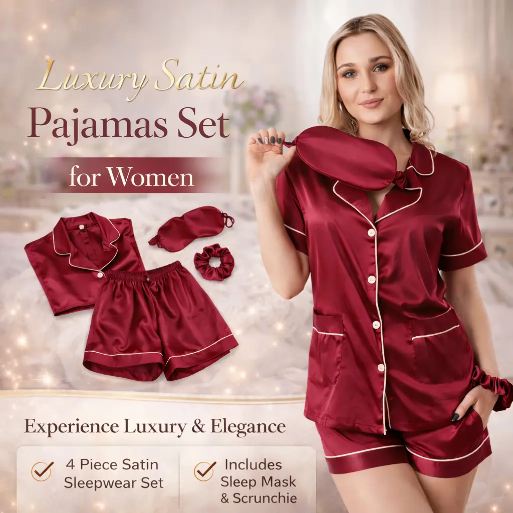 Taniri Women's 4-Piece Plain Satin Nightwear Set - Elegant & Comfortable Pajamas with Breathable Fit for Bridal Party Gifts, Lady