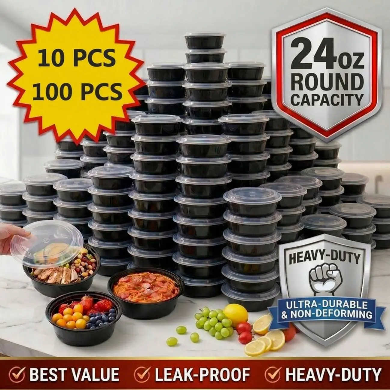 24oz Black Round Meal Prep Containers, 100 Pack Disposable Bento Lunch Boxes, Microwave Safe Food Storage Bowls for Kitchen Organization