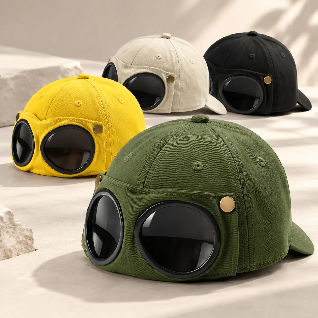 2 Pcs Set Vintage Aviator Baseball Cap with Integrated Goggles for Men and Women, Trendy Steampunk Pilot Hat with Fold Down Glasses, Unisex Hip Hop Streetwear Sun Visor Cap for Outdoor Cycling Driving, 2-Color Combo Pack