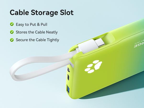 INIU PawGO 45W 10000mAh Power bank with Built-in USB C Cable, Slim PD Fast Charging Portable Charger Travel LED Display Light Battery Pack, External Phone Charge for iPhone 17 16 15 14 13 12 11 Series Samsung iPad Aipods Google Pixel Switch Perfect Gift