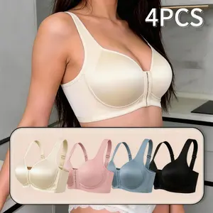 4 Pack Smooth Seamless Plus Size Backless Push Up Bras for Women Front Closure Deep V Support Comfort Full Figure Underwear Set Pink Green Yellow Black