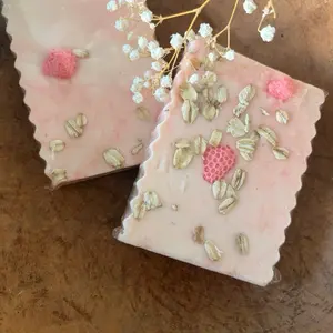 Oatmeal Strawberry Soap Bar with Fresh Oatmeal for exfoliation. Sweet strawberry aroma.