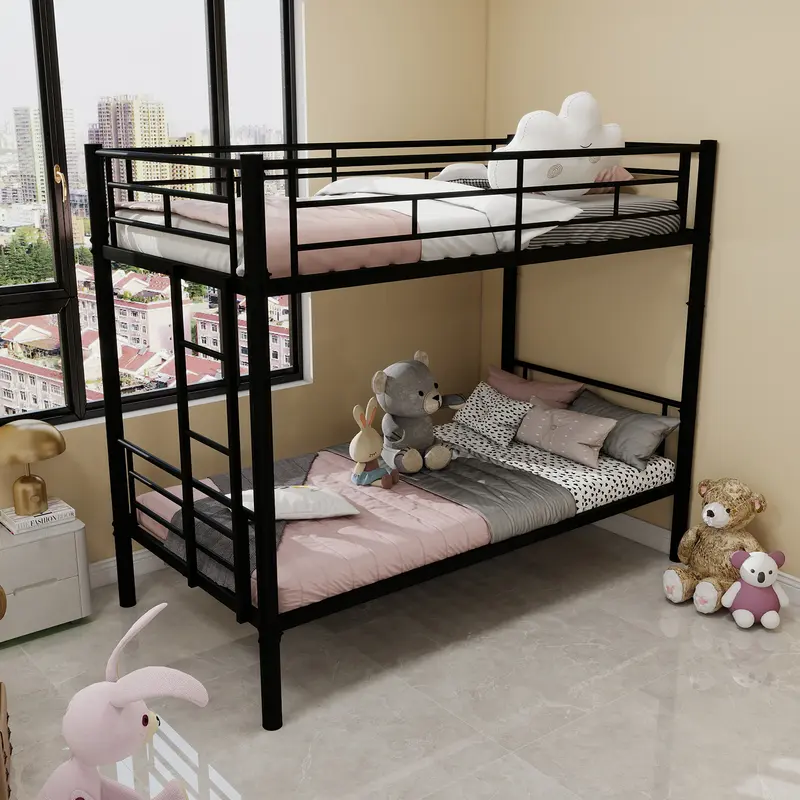 Bunk Bed Frame Twin Over Twin, Heavy Duty Detachable Metal Bunk Beds with Ladder and Full-Length Guardrail, Space Saving Design, No Boxing Spring Needed, Easy to Assemble, Black