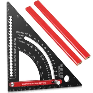 Woodworking Triangle Ruler Aluminum Alloy Carpenter Framing Square Adjustable Square Protractor Precise Right Angle Measuring Ruler with 2 Pencils for Measuring Leveling Marking